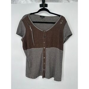 Vex Collection Top Women 44 Large Brown Striped Button Front Short Sleeve Casual